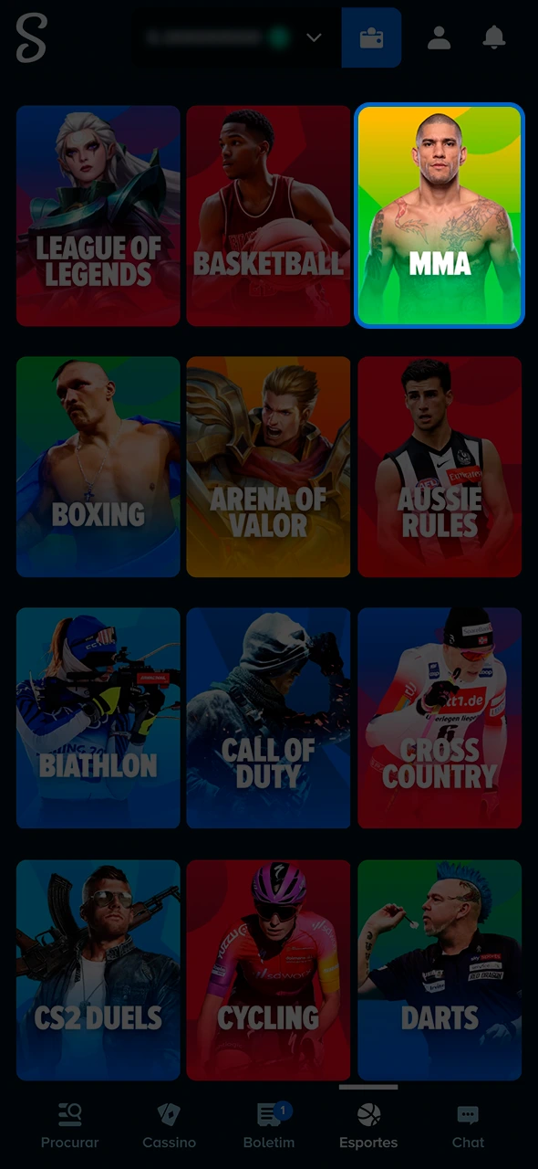 Seleção da categoria de artes marciais na Stake.