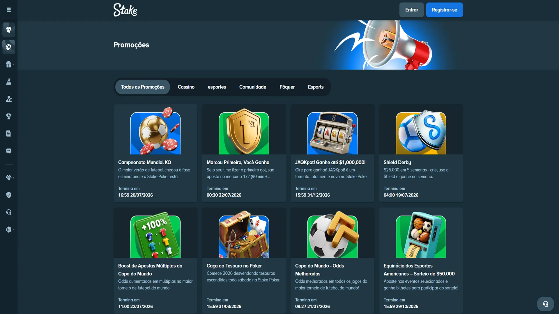Página com promoções e bônus ativos na Stake.