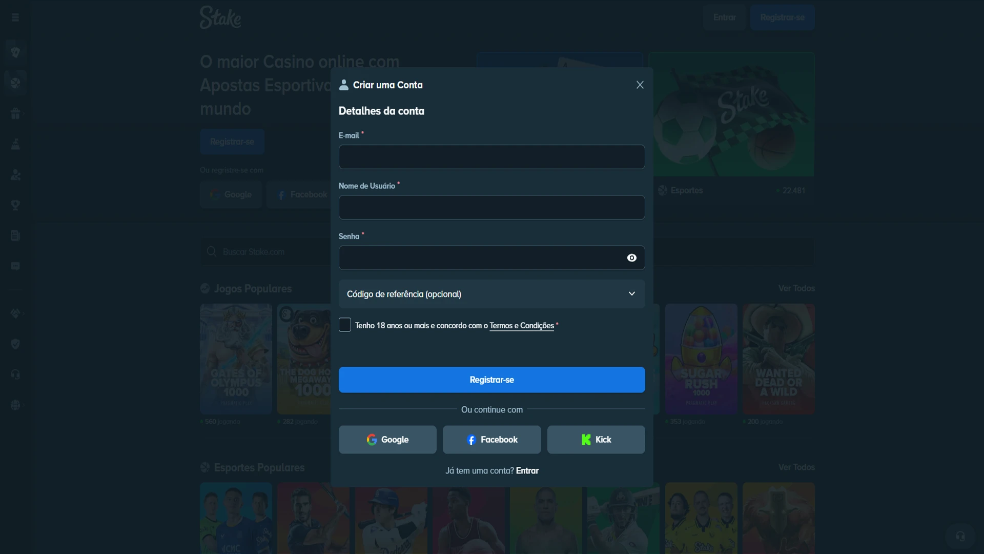 Formulário de registro para criar conta na Stake.