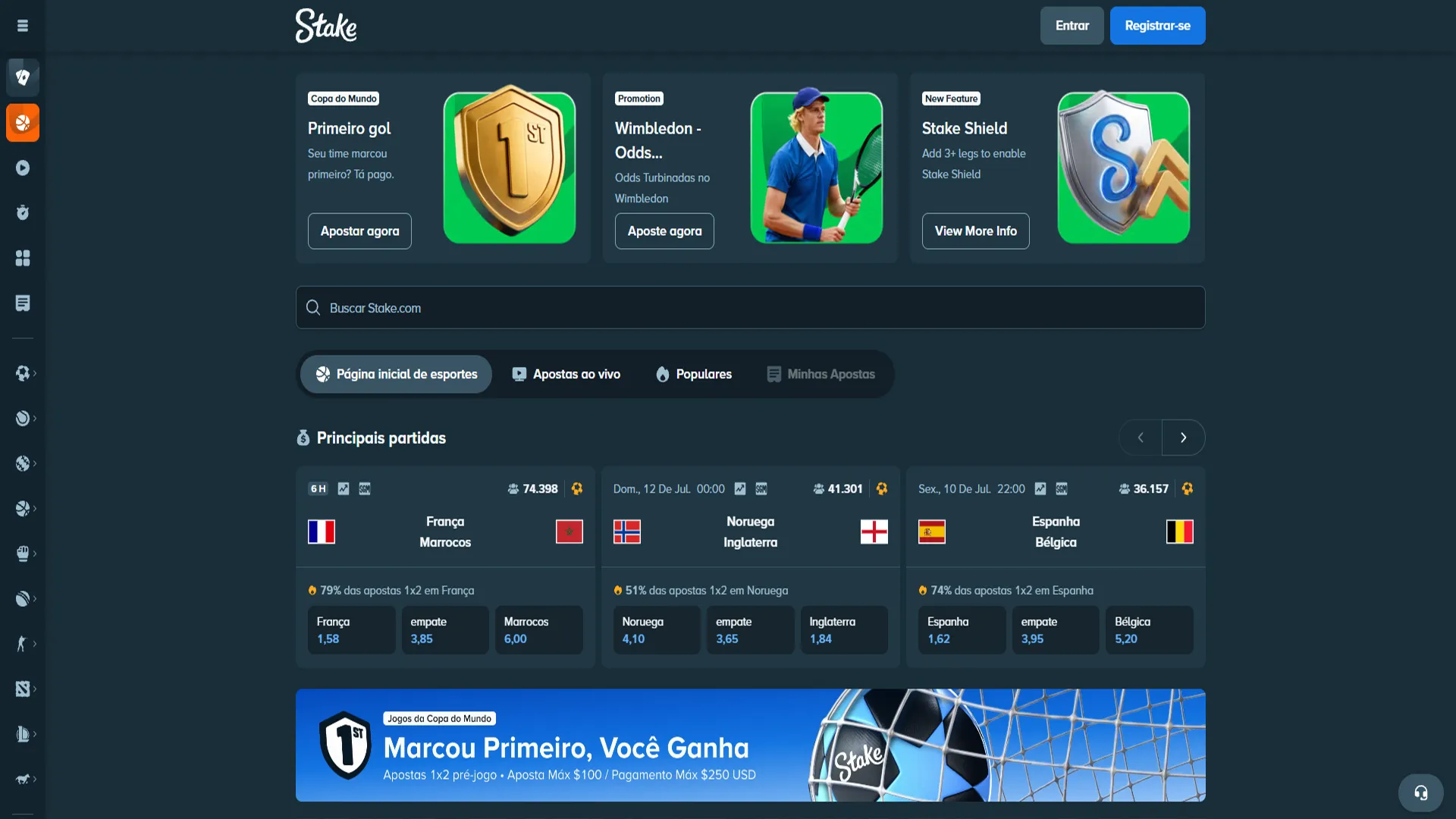 Menu principal de apostas esportivas online na Stake.