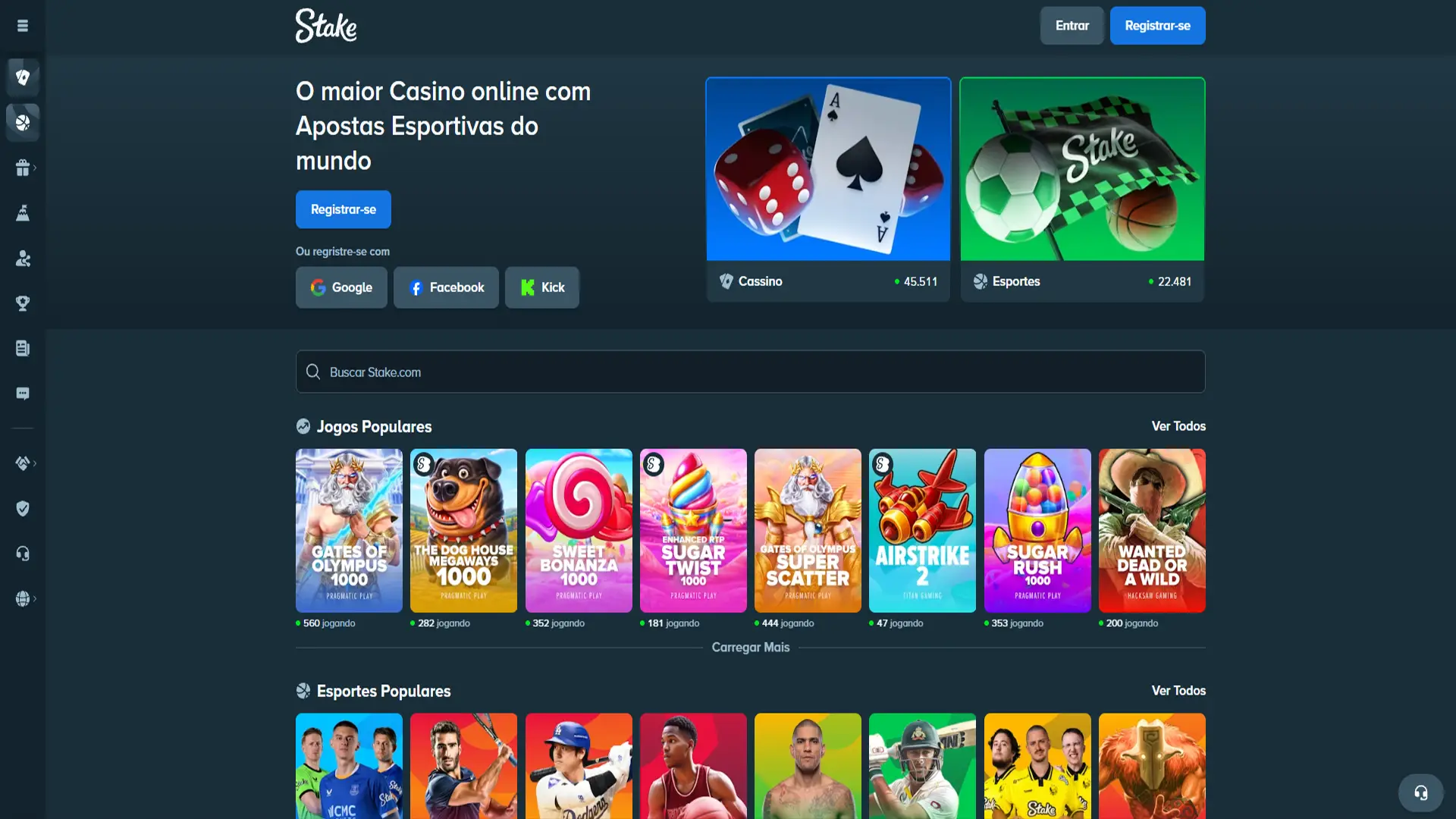 Página inicial oficial do site de apostas Stake.