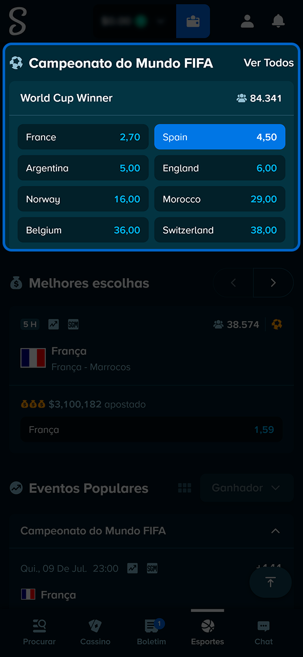 Criando um bilhete de aposta na Stake.