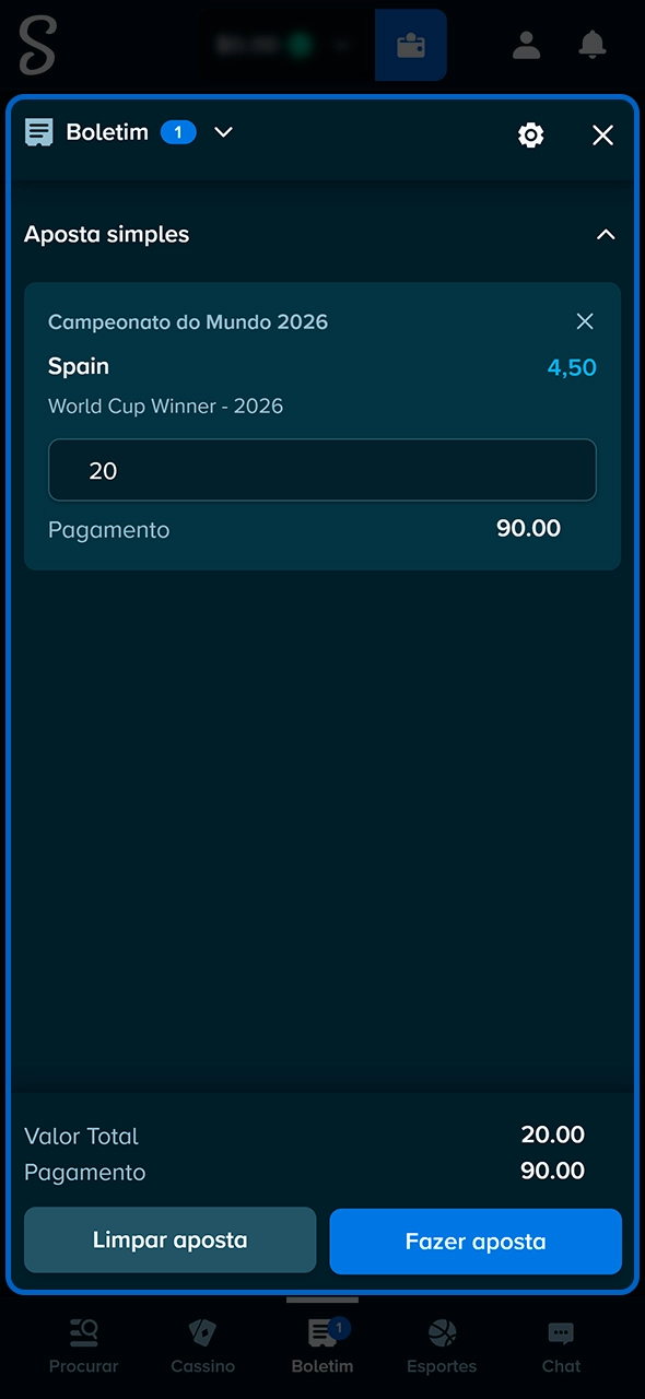 Confirmação final do palpite no cupom Stake.