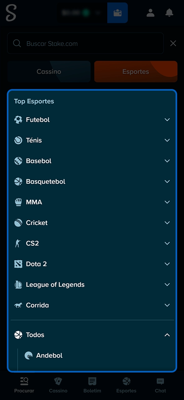 Seleção de ligas e partidas esportivas na Stake.