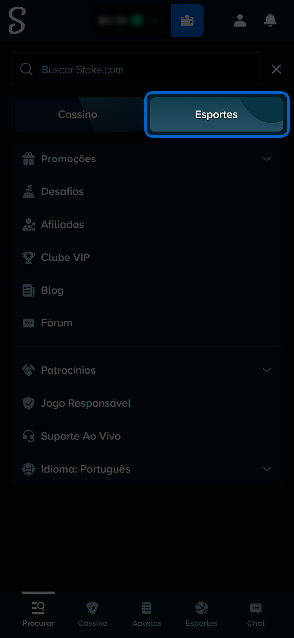 Clicando no menu de esportes da Stake.