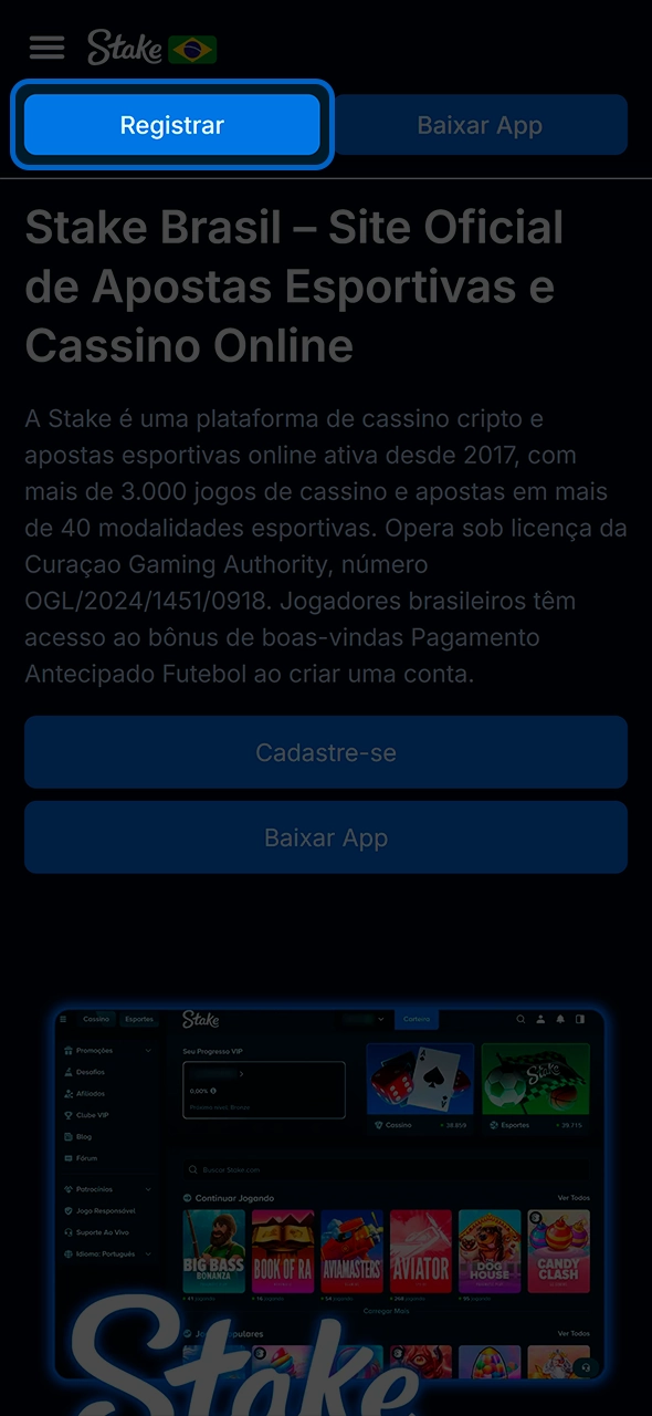Botão oficial de registro para novos usuários Stake.