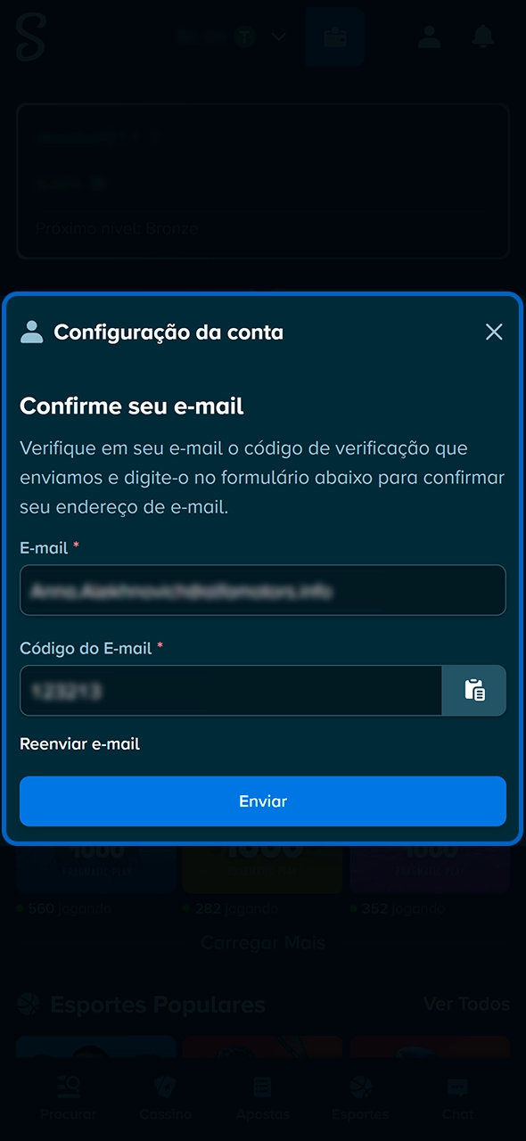 Tela de validação e ativação da conta Stake.