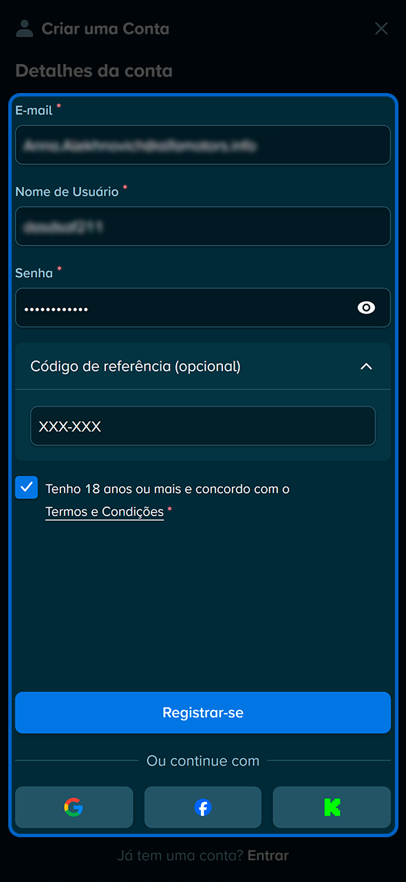 Formulário de inscrição com dados pessoais na Stake.