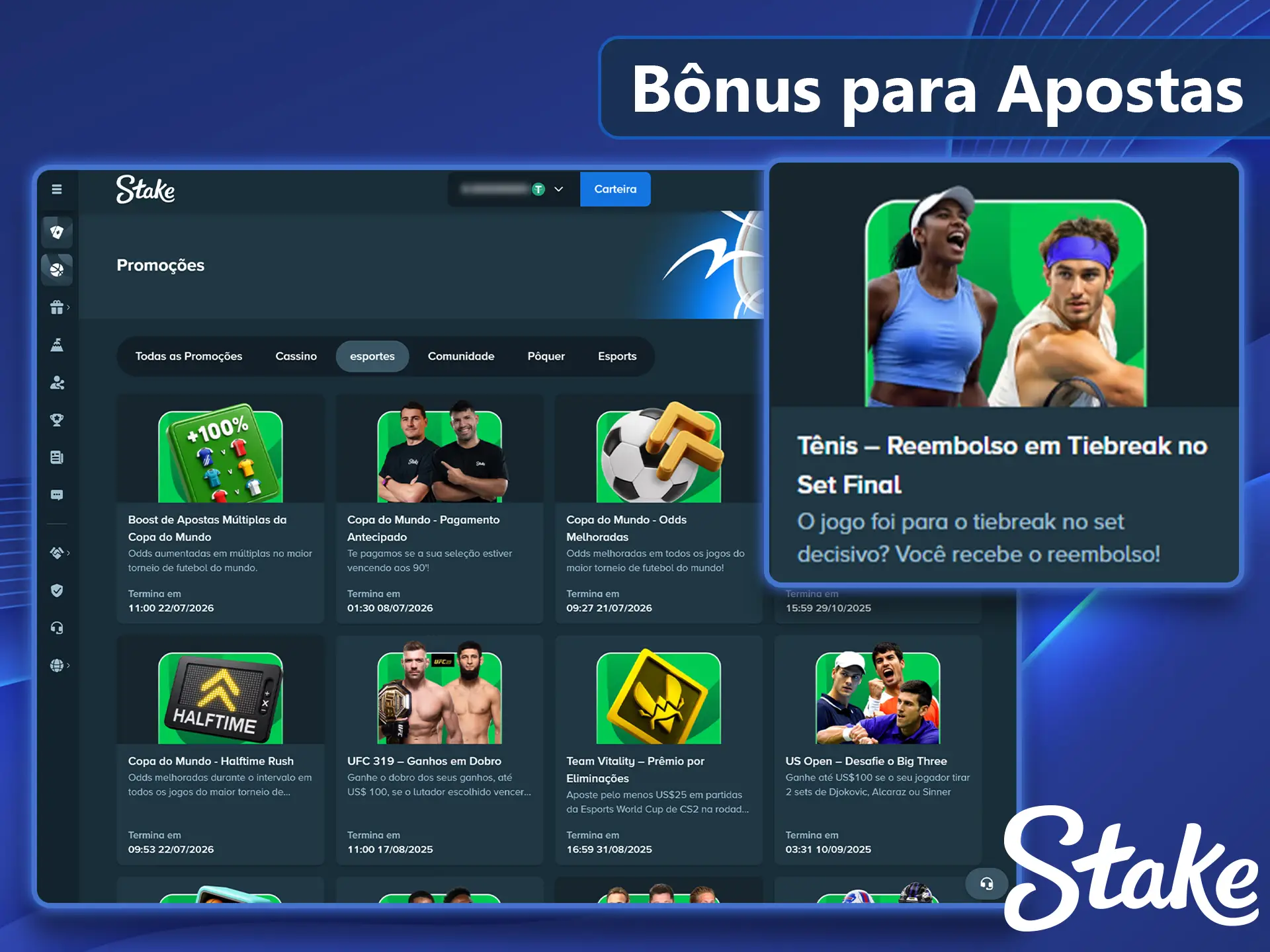 Promoções exclusivas para apostas em tênis na Stake.
