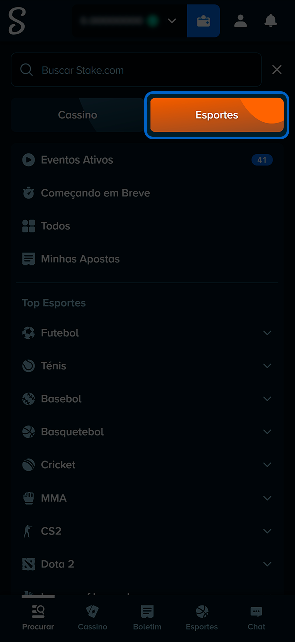 Navegando até o menu de esportes da Stake.