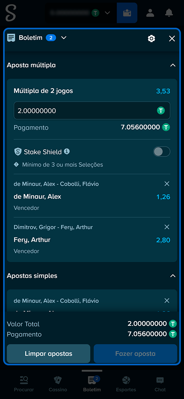 Confirmação do bilhete de apostas em tênis na Stake.