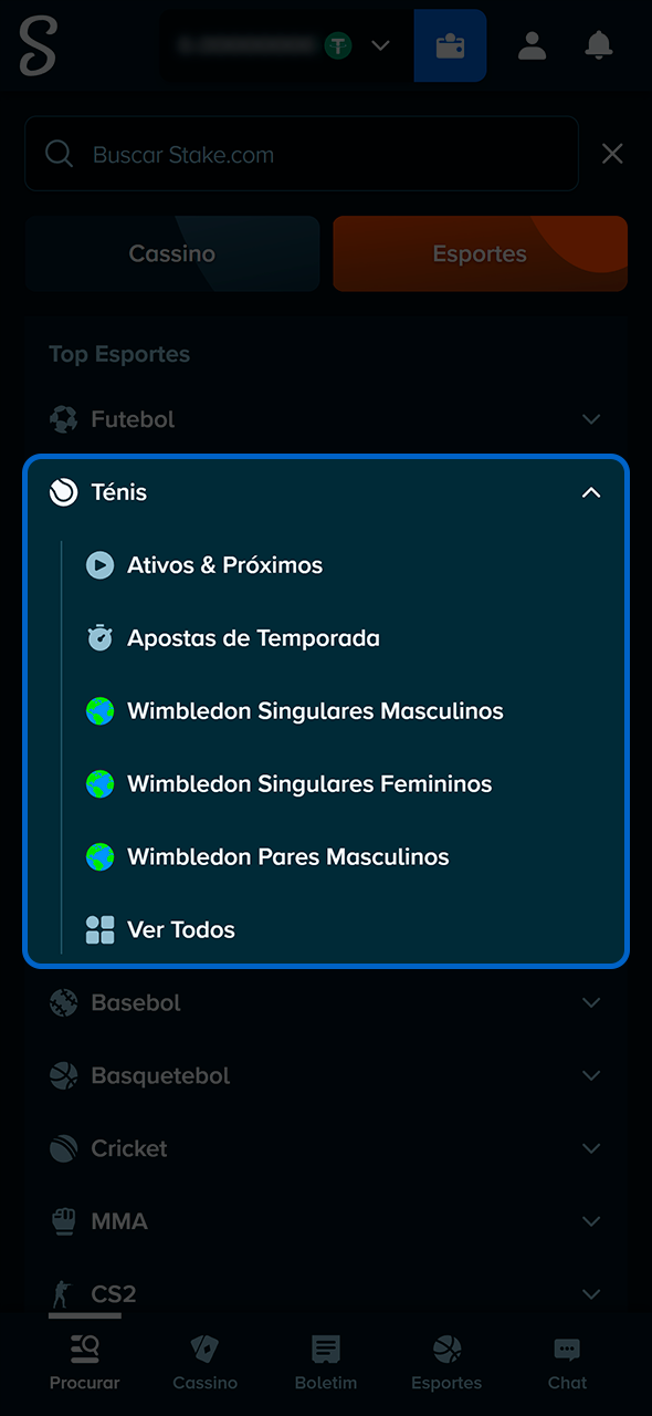 Seleção da categoria de tênis na plataforma Stake.