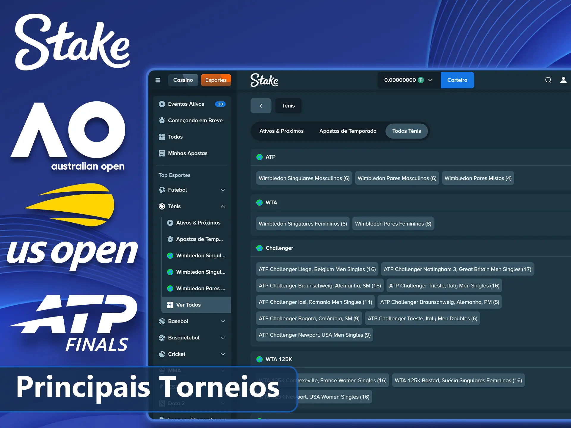 Grandes campeonatos mundiais de tênis abertos na Stake.