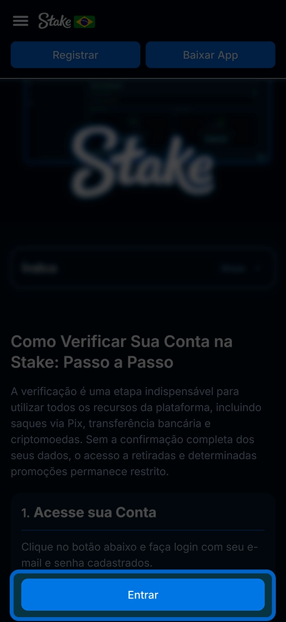 Tela de login para acessar o perfil da Stake.