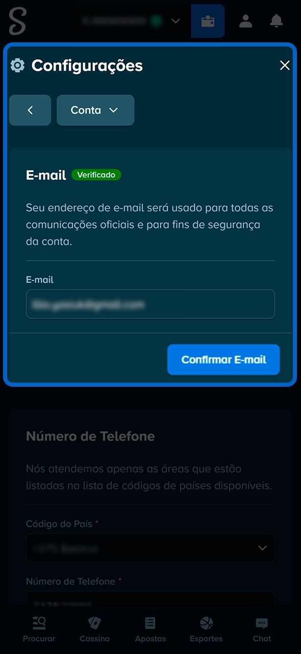 Tela de confirmação e ativação de e-mail na Stake.
