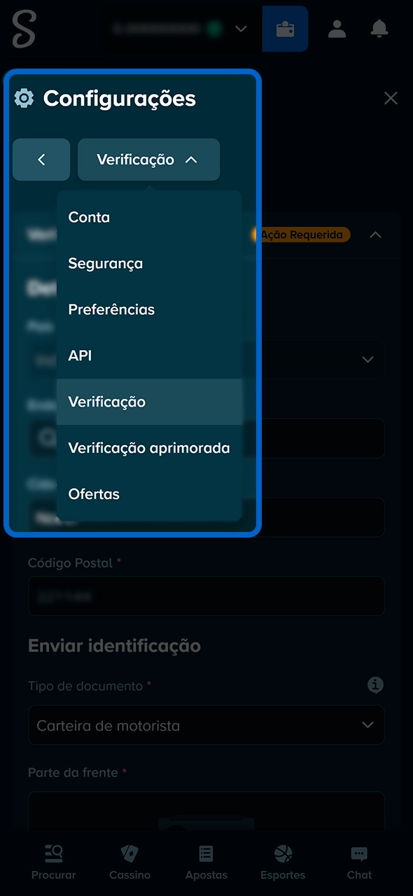Menu de configurações de segurança e conta na Stake.